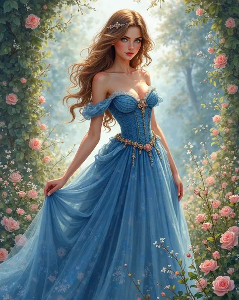  a girl, Alone, high resolution, masterpiece,  Precise, The best quality, Detail, Details altos, quality, Very detailed,  High quality, UHD, Textured skin,  European girl with European features , She is a princess,blue dress, long sweetheart neckline and V...