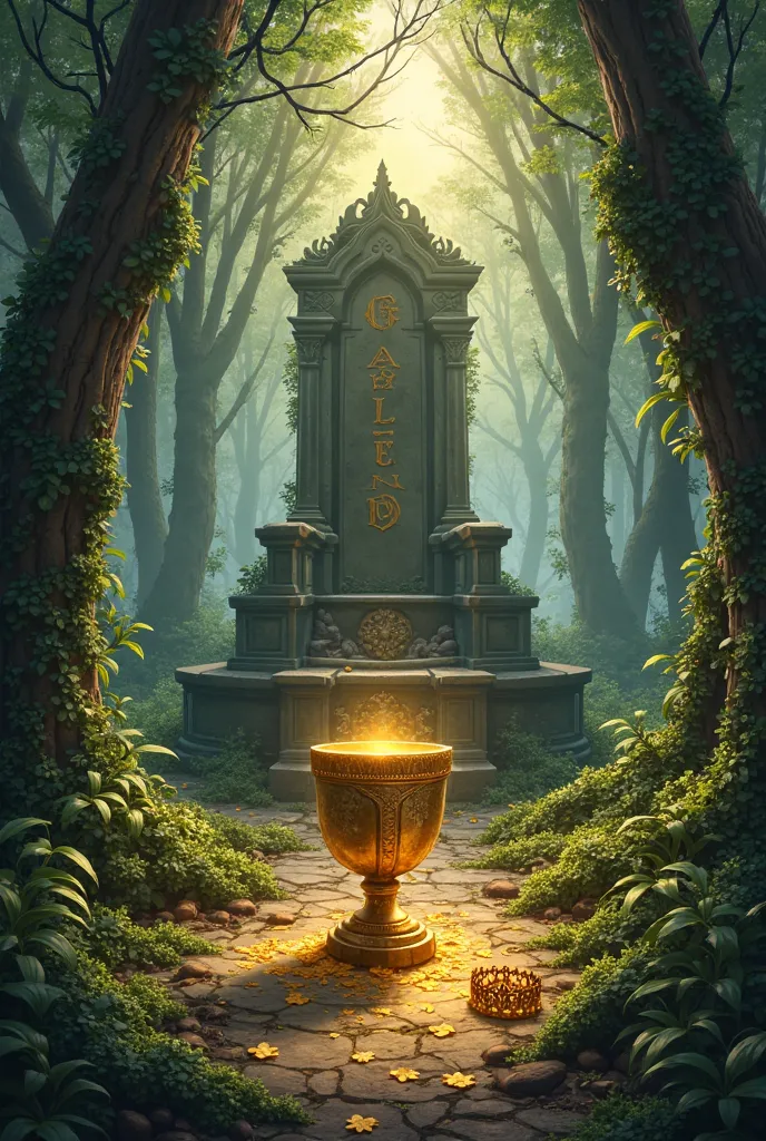 create for me an image of a magical forest, place a broken stone throne in the center of this forest place a golden cup lying on the ground shedding blood, Put on some rays of light, vinhas, moss, Place a golden crown on the ground, place the title in gold...