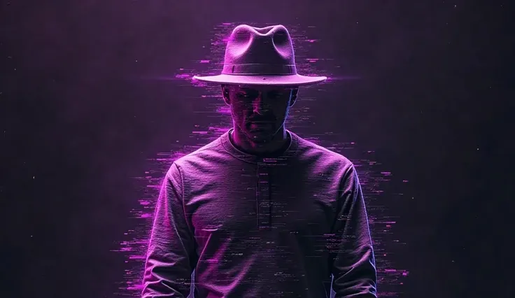 A man stands in a dark, glitchy environment, his entire form composed of shifting digital distortions, flickering in neon purple hues. The glitch effect gives him an ethereal, intangible presence, as if he's partially out of sync with reality, embodying th...