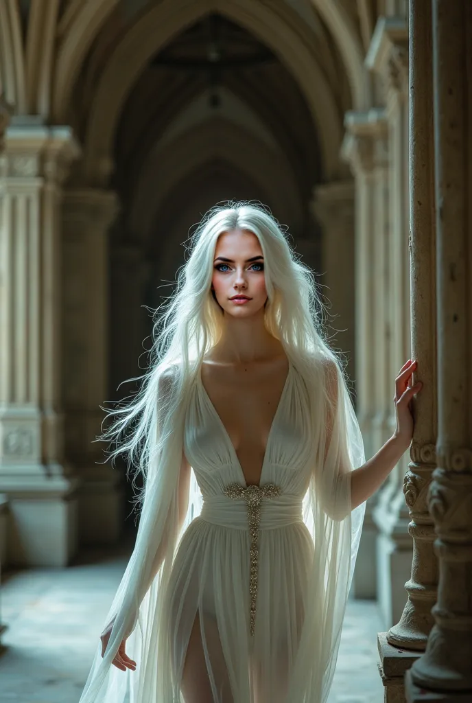 A beautiful Instagram model with long white hair and green eyes walks through an ancient European castle, her fingers grazing the cold stone walls. The history of the place surrounds her, and for a moment, she looks like she belongs in another era—timeless...