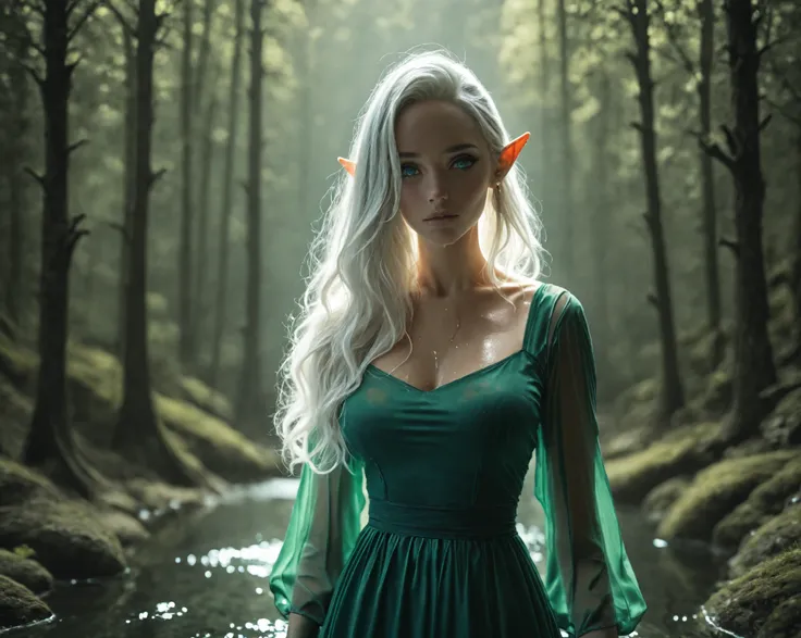 Attractive elven woman, long white hair, blue eyes, huge breasts, green dress, wet, in a forest, High Resolution, Super Detailed, Sparkle, Glowing Light, pointed ears, magic, sunlight