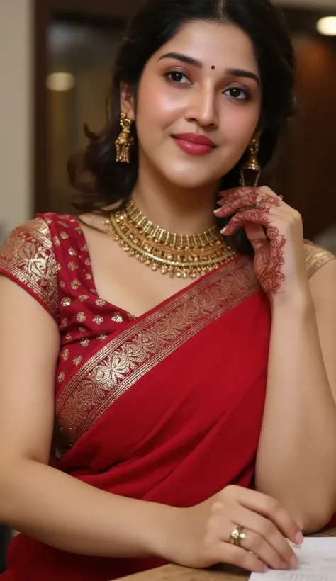 extreme close up photo of  Busty indian actress, cinematic, showing armpits, Red lips, whhite tone face,  16K UHD,  big cheeks, hourglass figure, curvy, bending down on table in office, red lips, nerd ,big punches , necklace, sultry, only saree, no strip b...