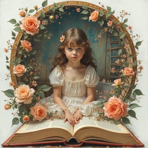 high definition  art nouveau portrait double exposure book page  stairway laddet to book high angle shot detailed girl fairy bedroom    placed inside the book on  the table on  the white background  ,  decorated with giant rose flowers, by Hieronymus Bosch...