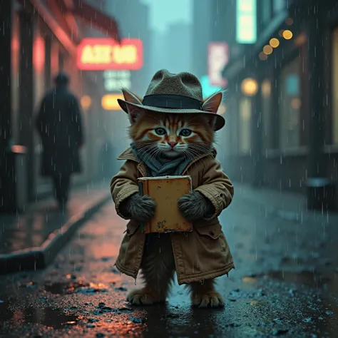 "A tiny, detective kitten in a ragged trench coat and a worn-out fedora stands in a rain-soaked alleyway. It holds a tattered notebook filled with scribbled clues while its eyes scan the neon-lit city for answers. A mysterious figure lurks in the foggy bac...