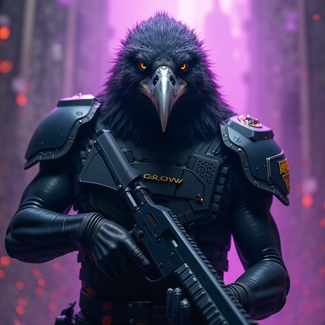 Imagine a muscular Raven special forces soldier. Donned in modern, black, hooded combat armor. His sharp beak is made of medal and shines a silver color. He is monstrous and intimidating with a sinister smirk that slightly shows the sharpened teeth behind ...