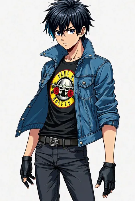 Generate an image for me of a boy in a black shirt, who has a Guns n' Roses print, black denim pants with a belt, black shoes, black leather gloves without fingers, The hair that has a black color with a blue shade and finally that has a blue gabardine jac...