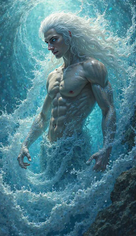 hyperrealistic image of extremely handsome water and liquid sea water elemental, have glistening body