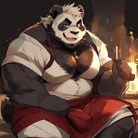 panda, furry, without tail, handsome, very muscular, very big, extremely hot and sexy, beard, hair, chest hair, charming eyes, solo, male, happy expression, daddy, full body, big body, green medieval clothes, middle aged, by hyaku, by darkgem, by glitter t...