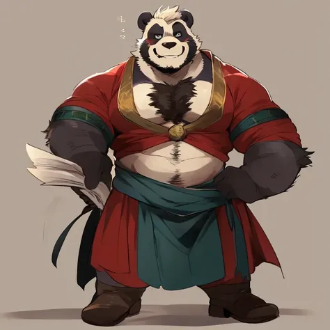 panda, furry, without tail, handsome, very muscular, very big, extremely hot and sexy, beard, hair, chest hair, charming eyes, solo, male, happy expression, daddy, full body, big body, green medieval clothes, middle aged, by hyaku, by darkgem, by glitter t...