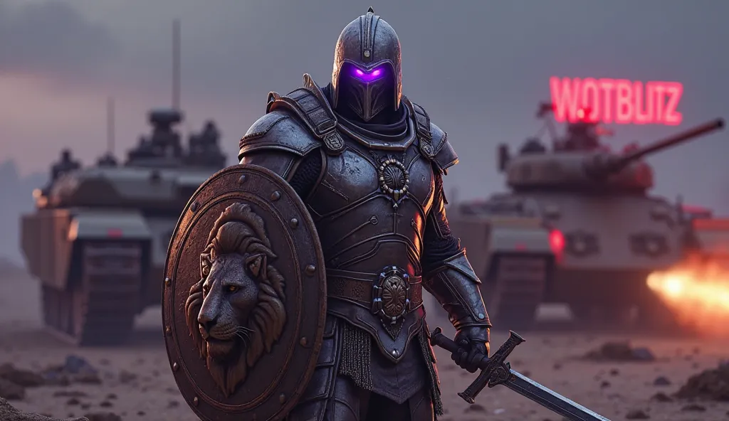 Create a realistic image of a Crusade Warrior with eyes glowing with purple, and a shield in the left hand and with a sword in the right hand, And a lion with eyes shining with the color purple, and a war tank in the background with a red name in the backg...