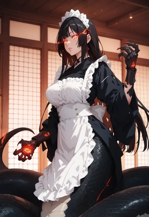 Lamia-style girl. Black snake body. Black straight hair. Japanese maid outfit. Armored hand.. Spiky. Red glowing lines. Sharp claws. Glowing eyes. Cat pupils. Japanese-style architecture.