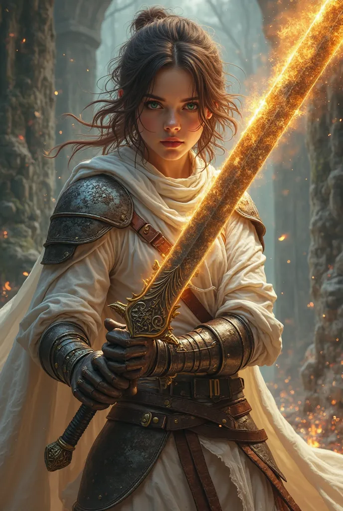 Full body, A Swordswoman, light skin, very light bright green eyes, medium scruffy dark brown hair, holding greatsword, ((This sword is imbued with an ancient holy essence. Its bronze tint exemplifies the nature of primordial gold, said to be close in natu...