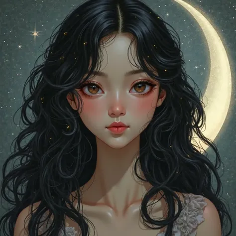 A girl with long black curly hair and a moon.