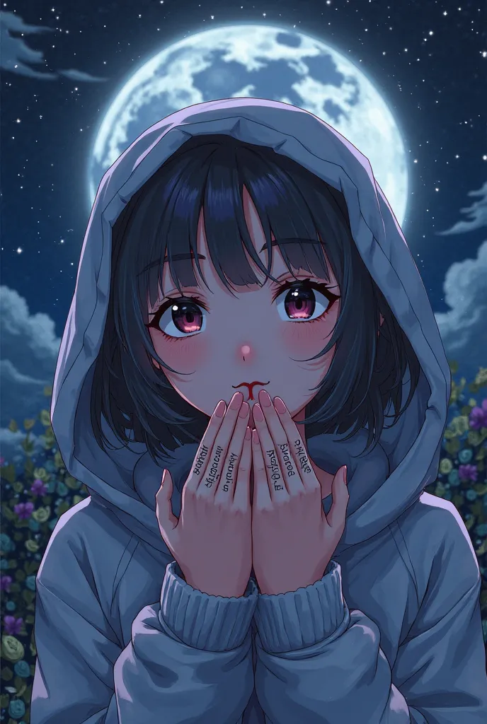 Une fille en veste , In a hood , fingers ,  with writing
" Miss moon " Engraved on the Moon , qui regarde une lune un peux noir  style animé 