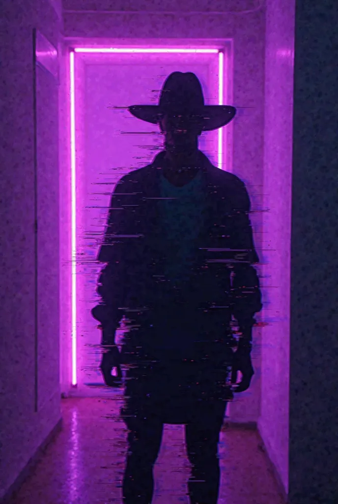 A man stands as a shadow in a glitchy, neon-lit environment, his entire form made up of flickering digital distortions in shades of deep purple. His face is completely hidden within the chaos of the glitch, with no clear features—only the outline of a wide...