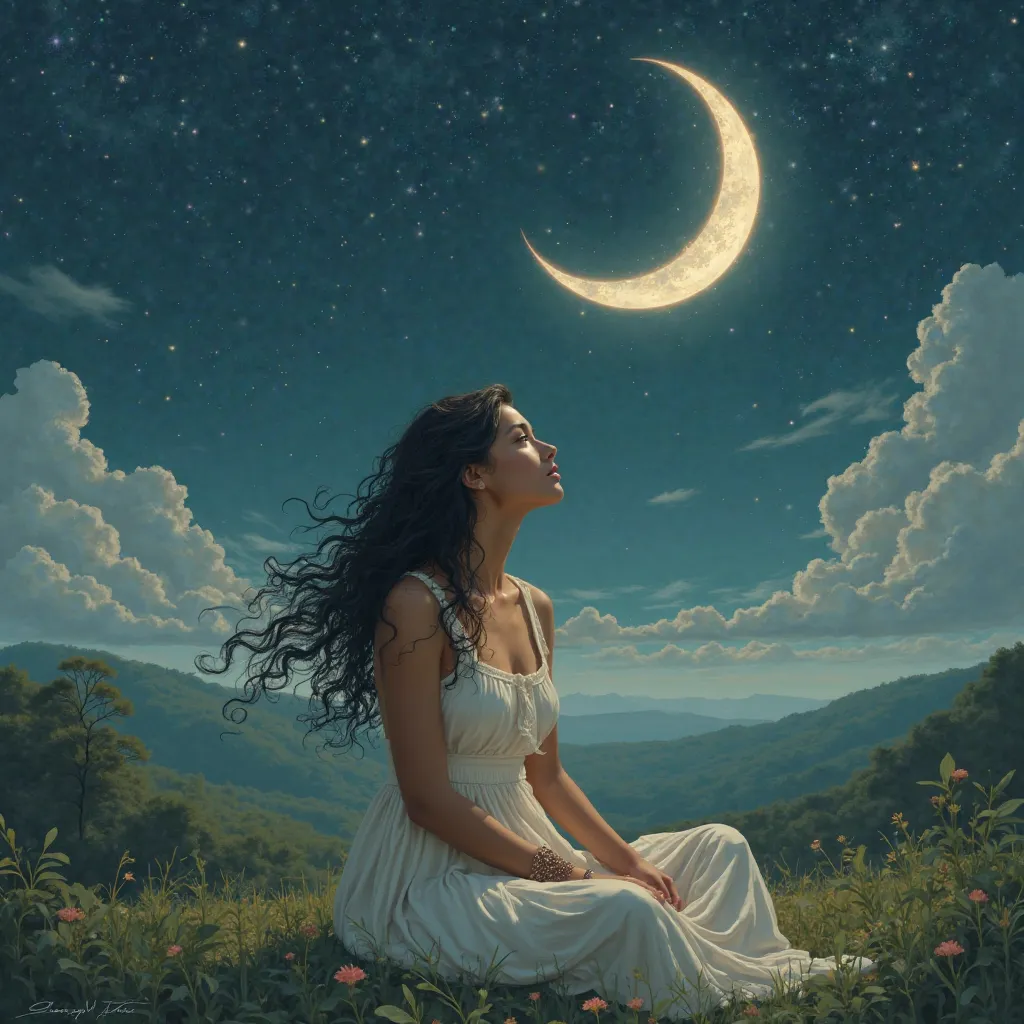 A tanned girl with long black curly hair and a moon.