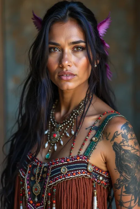 43 year old North American Indigenous woman, black hair with purple highlights, raven tattoo on right shoulder, howling wolf tattoo on left shoulder, archery bow tattoo on inner left forearm, archery arrow tattoo on inner right forearm, wearing traditional...