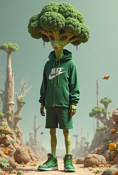 a slender adult with a broccoli head and a Nike Tech and Jordan 3