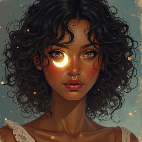 A tanned girl with dark skin from the front with long black curly hair and a moon..