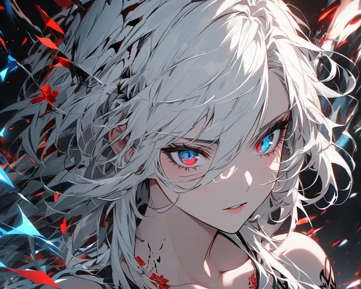 Name: Yuri
Age : 19 years
Appearance :  Yuri has long, white hair , with some black highlights that contrast with her natural shade . His eyes are distinct :  the left one is bright blue ,  while the right one is gray with a small red dot in the center .  ...