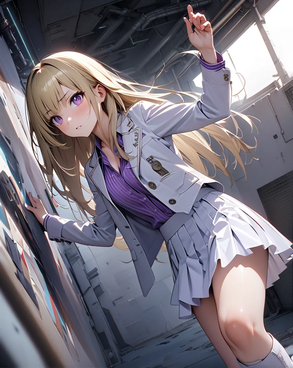 (((8k wallpaper of extremely detailed CG unit:1.2, ​masterpiece, high resolution:1.2, top-quality:1.2,))), ((a very beautiful female, Grunge Fashion, dynamic pose:1.2, wear a white Jacket, wear a purple white stripes formal shirt, wearing short white skirt...