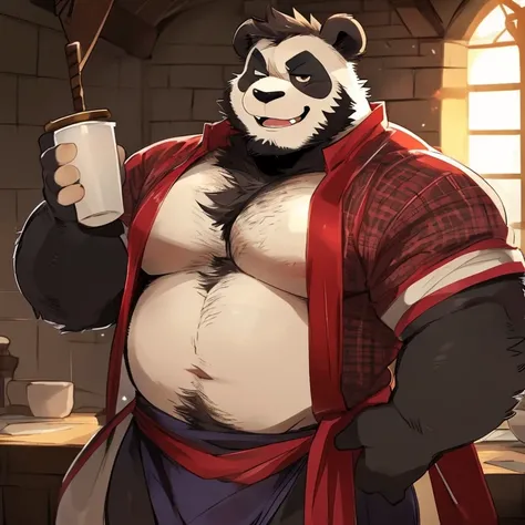 panda, furry, without tail, handsome, very muscular, very big, extremely hot and sexy, beard, hair, chest hair, charming eyes, solo, male, happy expression, daddy, full body, big body, green medieval clothes, middle aged, by hyaku, by darkgem, by glitter t...