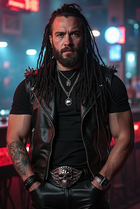 man with pale white skin, around 30 years old, long black hair with dreadlocks and straight highlights, red eyeball, black lipstick on his lips, wearing a black leather vest with spikes, wearing a black t-shirt plain, very big body builder body, large and ...