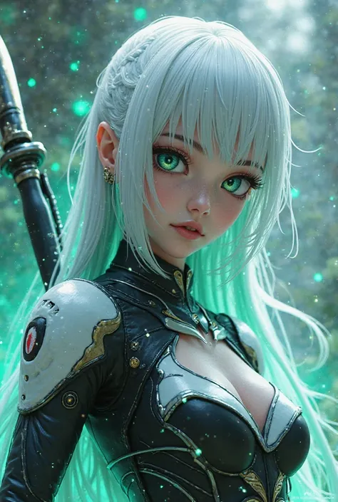 Blue, how about realistic 3d image of beautiful female Japanese hero, the embodiment of element Nihonium, she has with long white hair with  bangs that has slight yellow detail , blazing blue green eyes, wearing stylic futuristic suit with black and metall...