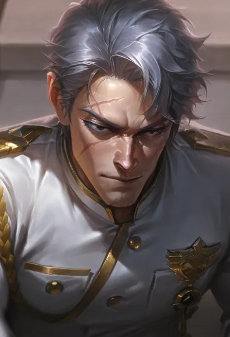 Score_9, Score_8_up, Score_7_up, Score_6_up, masterpiece, portrait, best quality, upper body, 1male, 50 years old male, grey hair, scar on the eyelash, white commander uniform, medals,  L0LSPL4SH,