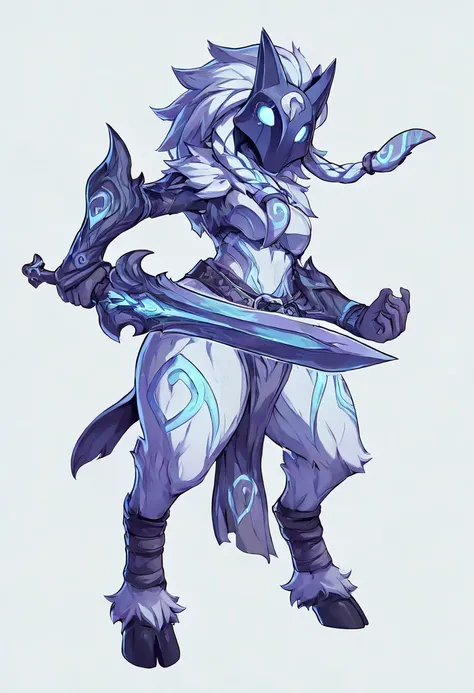  Kindred Female Lamb ,big hips, long hair braid , Belt ,mask  ,Full body , armwear , pose ,curse arm ,loincloth,Simple background , hair over eye , hold Sword  , hold Sword 