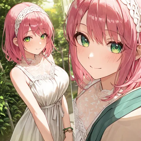 nsfw、mosaic,short hair、 pink hair、 green eyes、white dress、 white hair band、smile、A quiet road in the countryside、 Hug