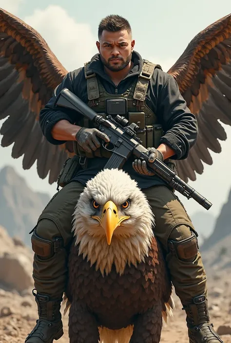 create full body a middle fat body soldier bullet proof jacket black shirt brown pant holding a pistol riding an eagle front view