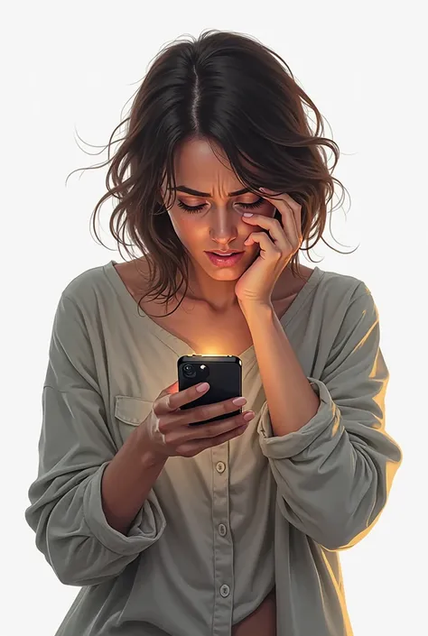 Create illustration of an image of a woman crying while touching her cell phone with a white background