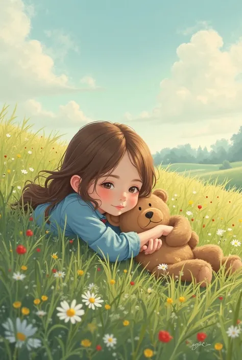 Create a drawing of a brown-haired girl in a blue blouse lying on the meadow with her teddy bear 