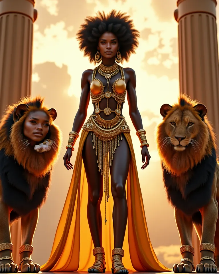 Aqui está o prompt detalhado para você gerar a imagem:  

**Prompt:**  
*(Masterpiece, high quality, high resolution, ultra-detailed, 8K, photorealistic)*  

A majestic and powerful Black woman stands at the center of the scene, positioned between two impo...