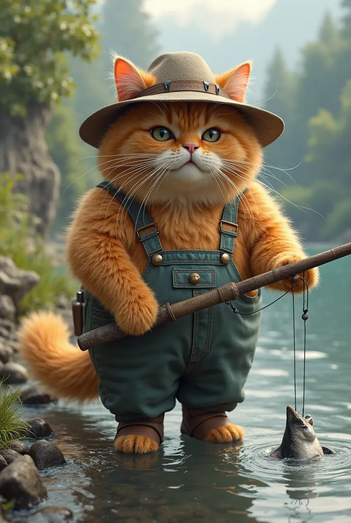 A realistic, cinematic image of a very fat, large, furry, light orange cat with refined features. In the clothes of a fisherman wielding a hook taking fish out of the water