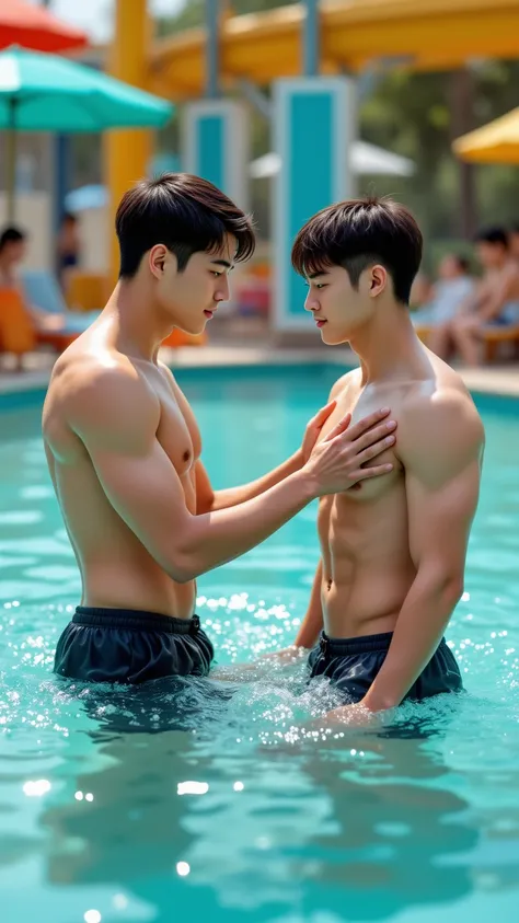 A 185cm Korean handsome male star high school student looks like a high school student and a Chinese male college student are a couple，(Chest Full )，（STEREO ABDOMINAL MUSCLE），（ delicate cute face ），（Fragmented cap hairstyle）， inverted triangle body ，Five-T...