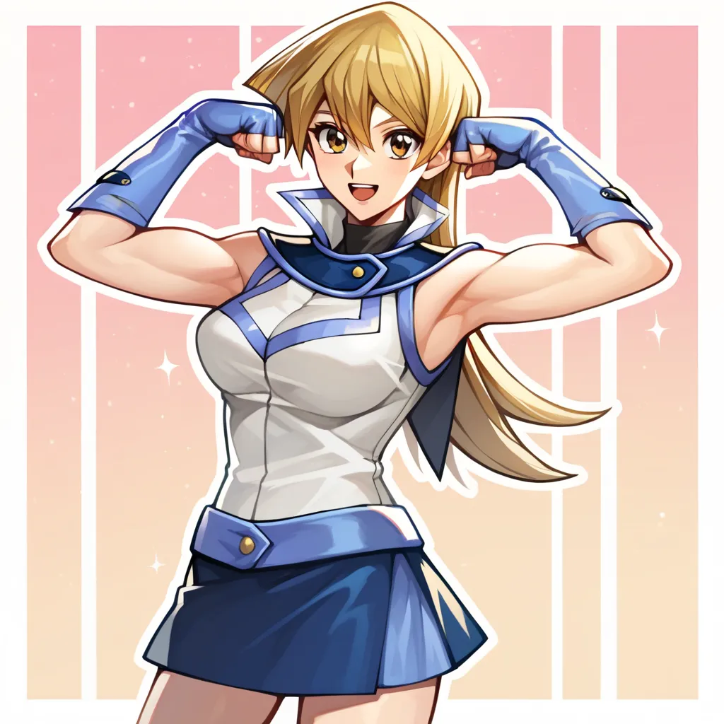 score_9, score_8_up, score_7_up, score_6_up, score_5_up, score_4_up, source_anime, Alexis Rhodes, Tenjouin Asuka, Rourou_ill, Yu-Gi-Oh GX, solo, flexing, blonde hair, skirt, smile