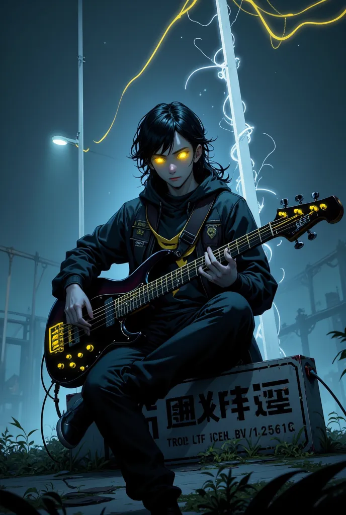 30-year-old male、Beardless、Long Haired Ashime、has yellow light lines on my clothes、Carrying a bass guitar、The background is evening、 cyber、There is a yellow light all around、Sitting with legs crossed on a sign、My eyes are shining yellow、visual series、