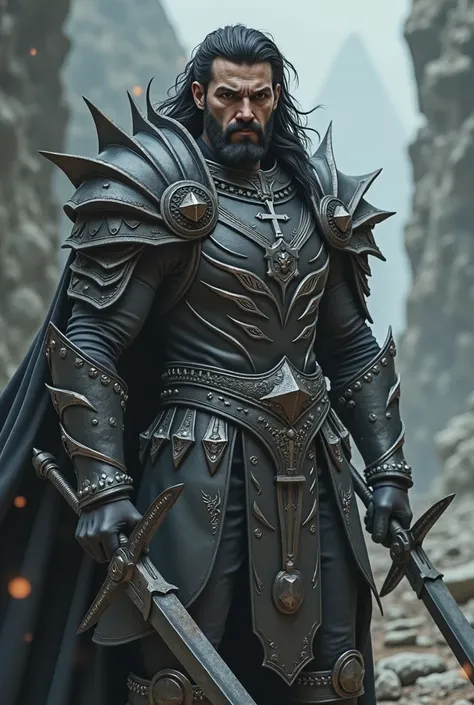 Warrior in his 30s.
 black hair . 
BLACK Gothic armor with metal spikes and religious symbols.
 wielding two longsword.
Without a helmet. 