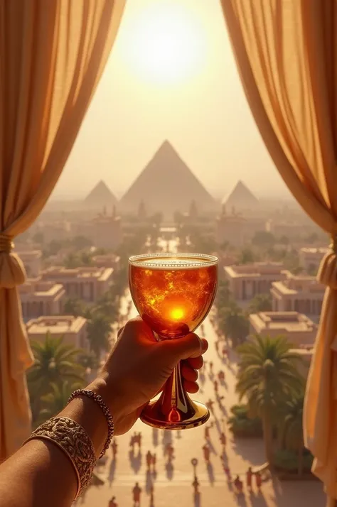 POV-style image, standing on the balcony of an Egyptian palace, overlooking a city filled with pyramids and temples. Hands holding a golden goblet filled with fruit juice. Sunlight reflecting on the cup, desert winds slightly moving the linen curtains.