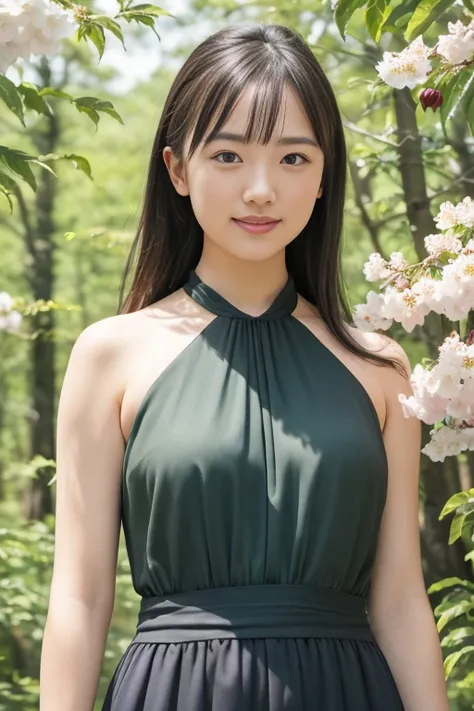 (8k, RAW photo, photorealistic, HQ, masterpiece, Brightly exposed photo), a cute Japanese woman, (glowing eyes), from below, 
(smile ), dark brown hair, low ponytail, (lime green dress:1.2, halter neck long skirt dress:1.4, elegant simply dress:1.2), Seduc...