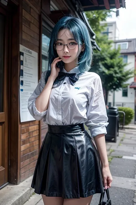 Blue-haired Asian woman with glasses and skirt