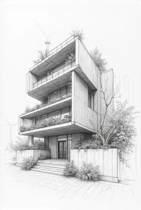 Plan in 
Pencil sketch of a facade highlighting the integration of vegetation and sustainable energy systems.