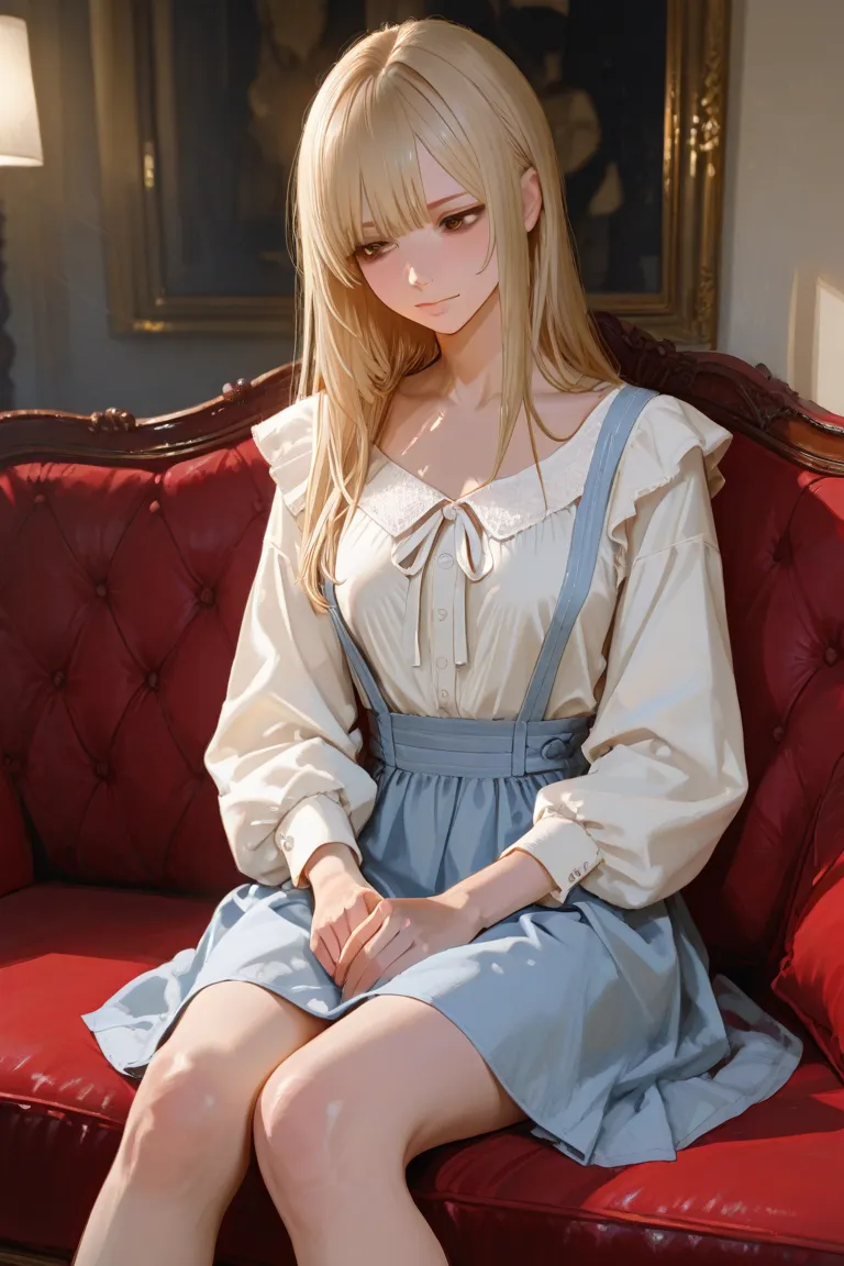  a tall woman, blonde,  with brown eyes,  long hair and bangs , wearing a light blue long sleeve blouse while wearing a light blue skirt,  sitting on a red couch 