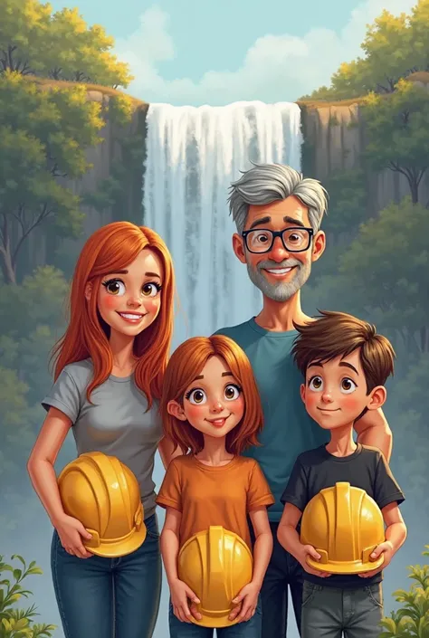 You are an expert in transforming real photos into drawings, In this photo there is a family, From left to right: a blond brunette boy with straight hair and tall, A red-haired woman, the sorter of them (The mother), A man with grey hair the tallest of the...