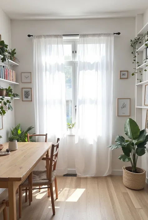 
Photograph of a beautiful room with white walls decorated with books and posters and ornamented with plant ornaments, a glass window with a white curtain where the morning light eliminates the entire room.