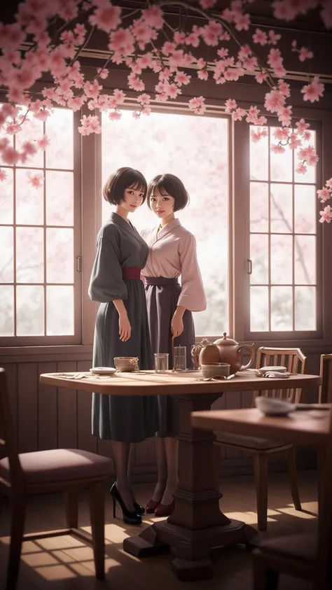 8k、High Precision、The full view is clearly visible、 Please place the photo image 、Precision Images、full view is clearly visible without blurring、The background is clear、without blurring、old Western-style dining room with lots of cherry trees、Two women are ...