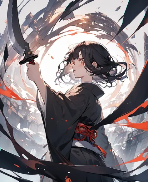 knife　 kimono　 black hair