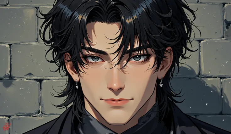 masterpiece, best quality, 1 male mature, man, mature, 32 years, black hair, silver eyes, a man, black hair, sharp cheekbones. he’s defiant; he's piercing silver eyes, wall background, detailed eyes, detailed facial features, realistic and high resolution ...